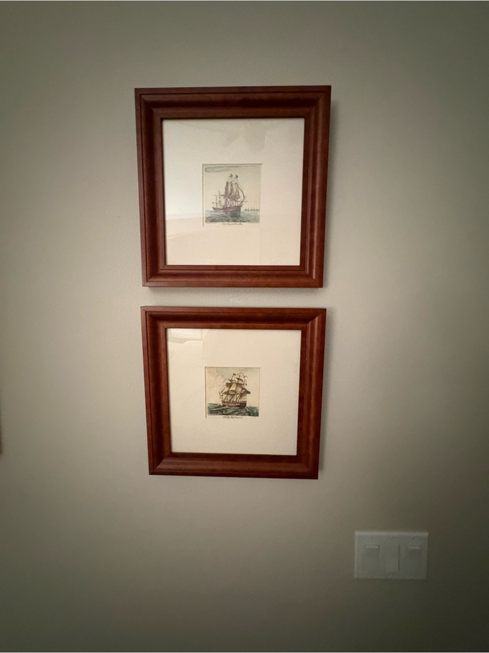 Set of 2 Wooden Framed Nautical Ship etching- Wood Frame, Cream Mat